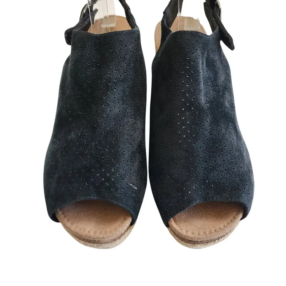 AETREX Womens Sherry Espadrille Wedge Sandal Size 10.5-11 Black Suede Perforated